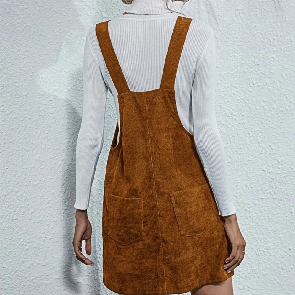 Corduroy overall mini dress trendy camel tan - Picture 2 of 2